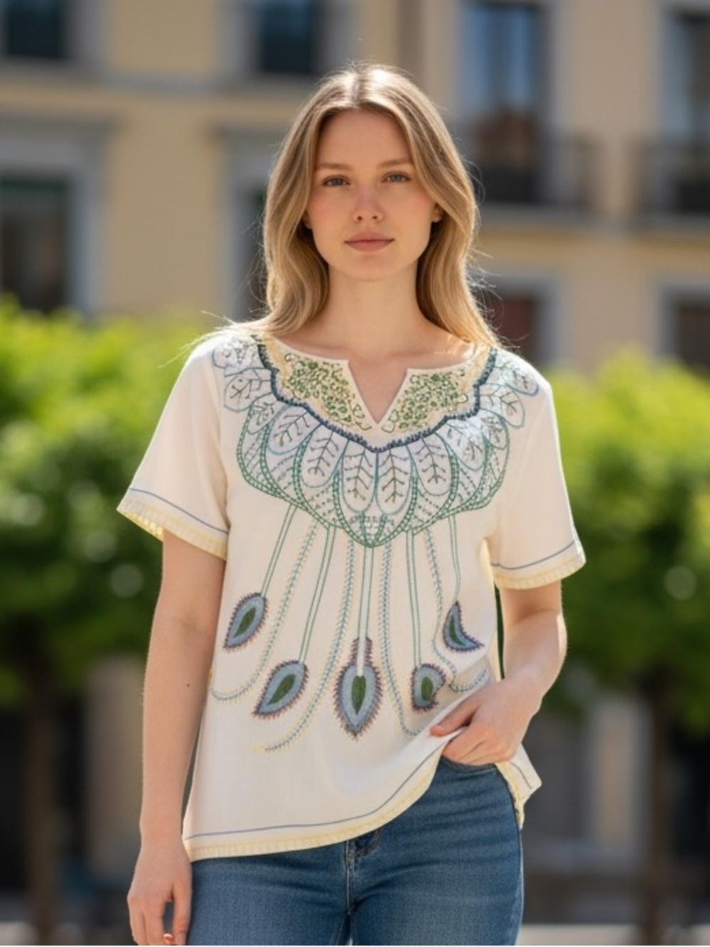 White Silky Tunic with Green, Yellow & Blue Embroidery